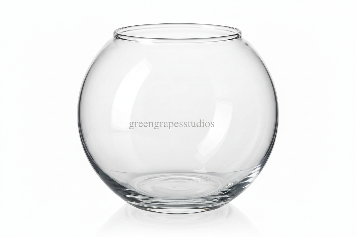 Clear glass fishbowl on a white background