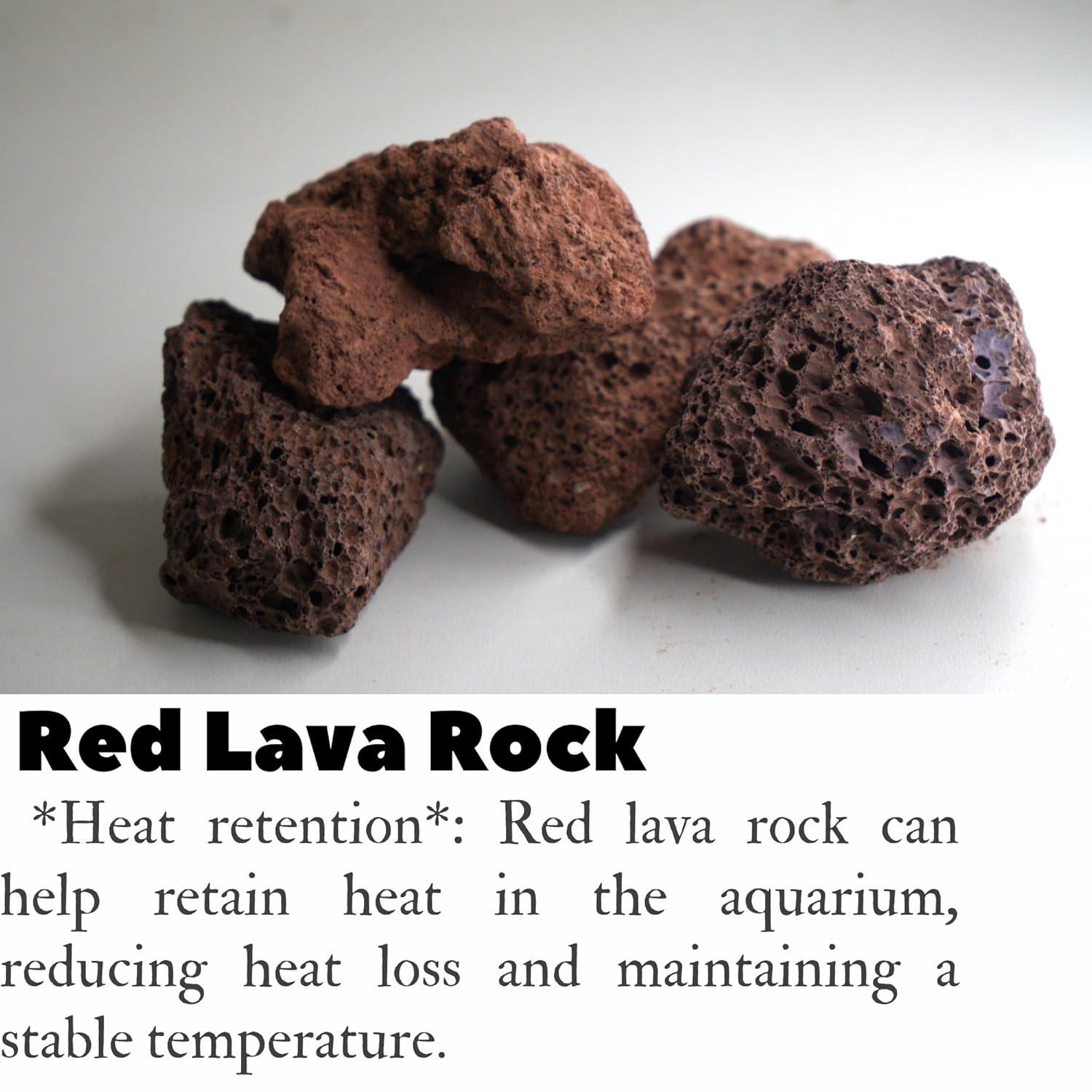 Red lava rock on a white background with text about its use in maintaining stable temperature in an aquarium.