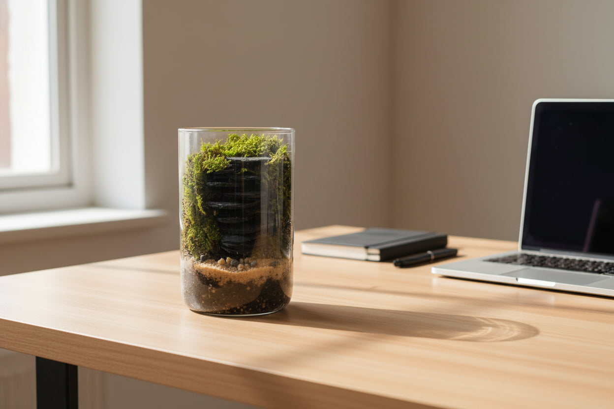 Glass container with soil, rocks, and plants on a white background