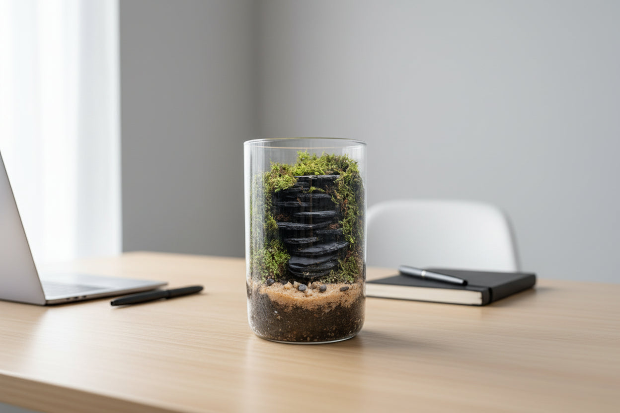Glass vase with a miniature landscape inside on a white background